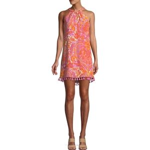 Trina Turk Rancho Halter Dress with Tassel Trim Pink Orange White Size 4